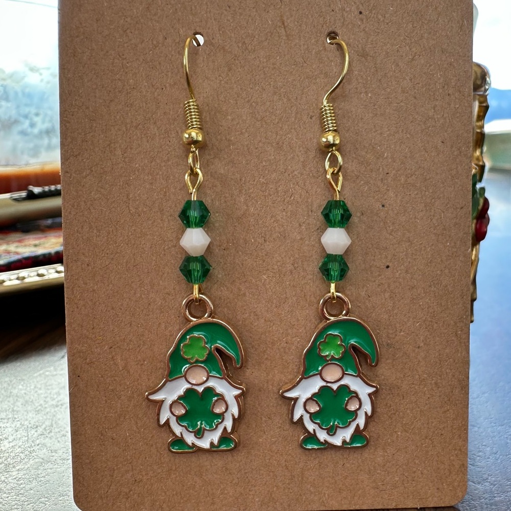St Patrick’s Day Gnome Earrings with Green Shamrock and Bead Accents